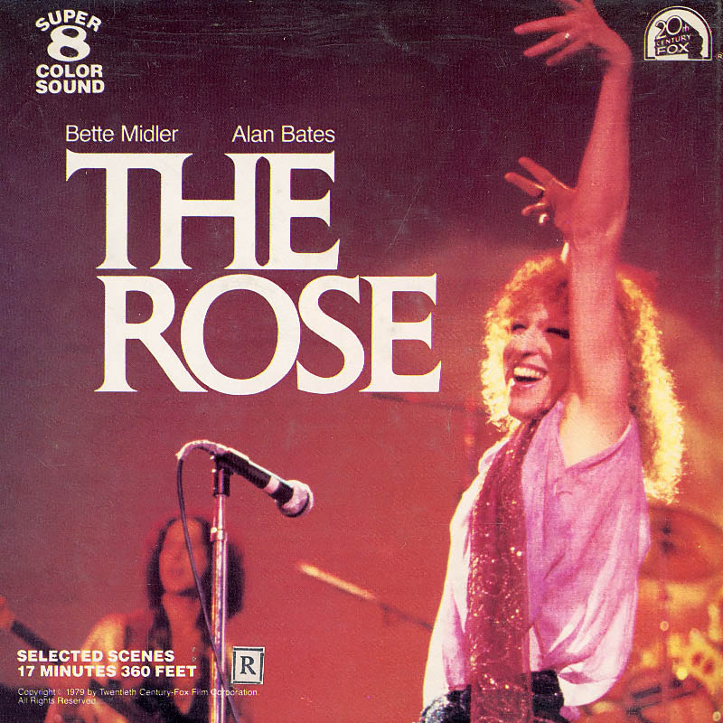 Movie poster for The Rose featuring Bette Midler and Alan Bates; a smiling singer raises her arms on stage.