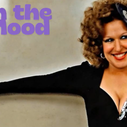 Album cover: smiling woman in a black outfit with outstretched arm, beige background, purple 'In the Mood' text in the upper left.