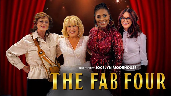 Promotional poster for The Fab Four showing four women posing on a stage with red curtains and a gold title.