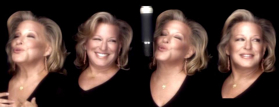 Four-panel portrait of a smiling blonde woman in a black top singing into a studio microphone against a black background.