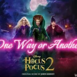 Poster for Disney's Hocus Pocus 2: One Way or Another, featuring three witches under a moonlit sky with a bright pink title.