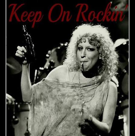 Black-and-white concert poster of a female rock singer with curly hair, holding a bottle and cigarette, 'Keep On Rockin' at top.