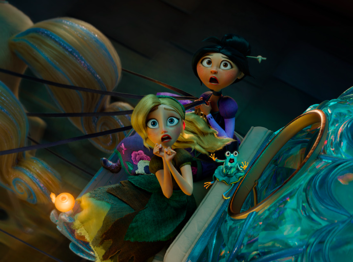 Two frightened girls sit in a glowing magical vehicle, clutching ropes as a small blue creature clings to the side.