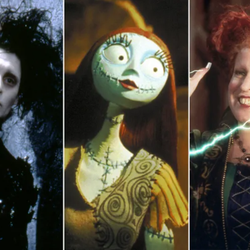 Triptych of Halloween characters: Edward Scissorhands left, Sally center, and a red-haired witch casting lightning right.