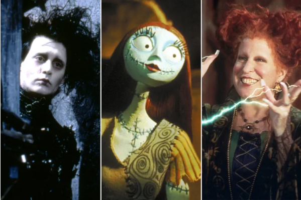 Triptych of Halloween characters: Edward Scissorhands left, Sally center, and a red-haired witch casting lightning right.
