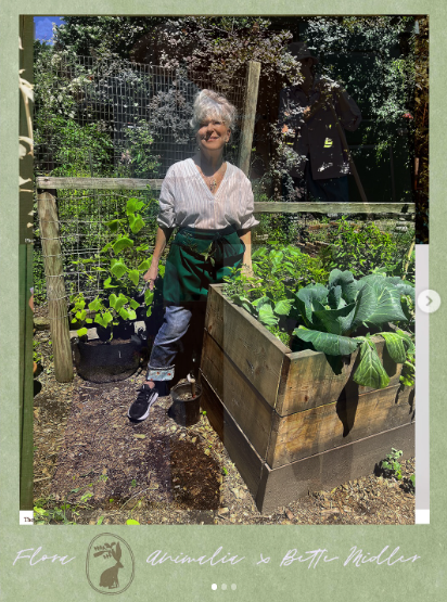 Smiling older woman in a white blouse and green apron stands beside a wooden raised garden bed with leafy greens in a sunny backyard garden.