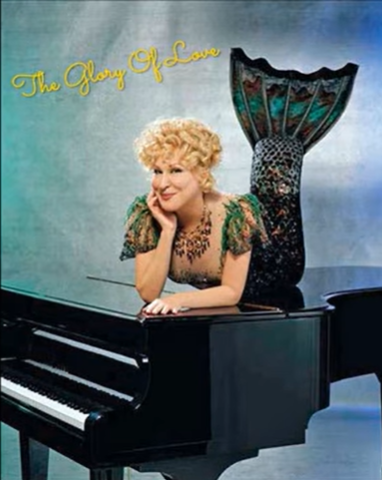Mermaid-costumed woman leans on a grand piano against a turquoise backdrop, with yellow text reading 'The Glory Of Love' above her.