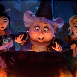 Three characters gathered around a bubbling cauldron in a dark, magical workshop, looking surprised and excited.