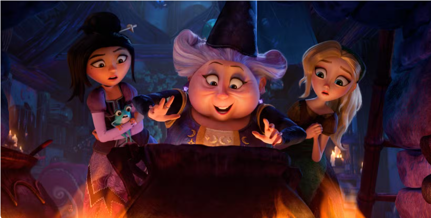 2026-09-12_12-11-21 - bootleg betty Three characters gathered around a bubbling cauldron in a dark, magical workshop, looking surprised and excited.
