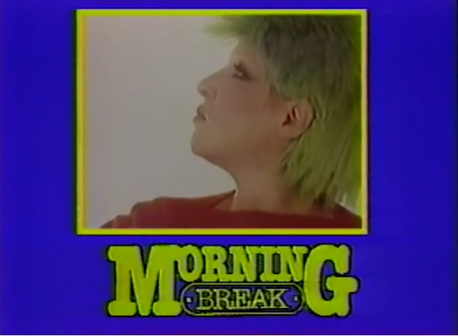 Side profile of a person with green hair inside a blue frame with a yellow border, beneath the bold 'MORNING BREAK' caption.