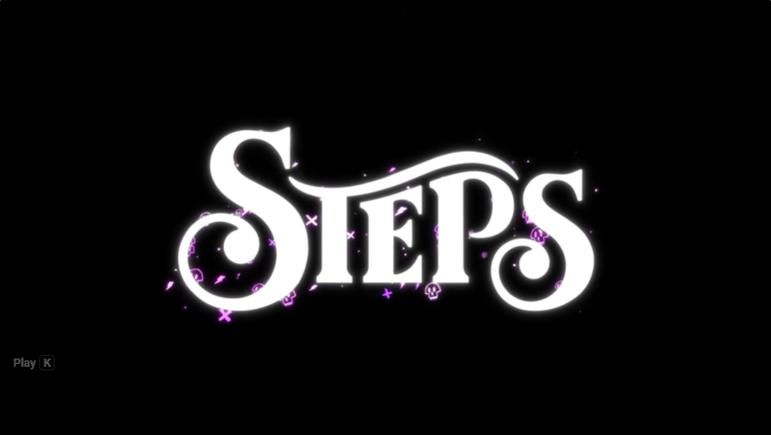 Stylized white logo reading 'STEPS' on a black background with purple glowing particles and a soft glow around the letters.