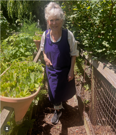 2026-09-19_11-10-47 - bootleg betty Older woman in a purple apron standing on a garden path beside a potted succulent and a wooden fence in a sunny garden.