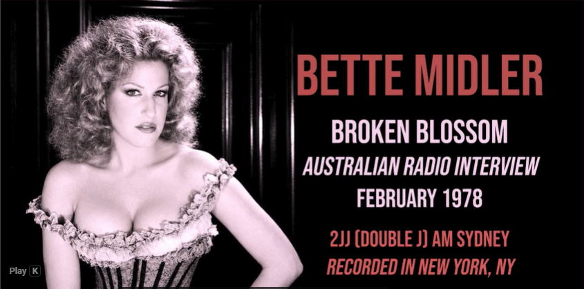 Promotional poster with a black?and?white photo of a woman in a corseted outfit on the left and bold red text on the right announcing an Australian radio interview from February 1978.