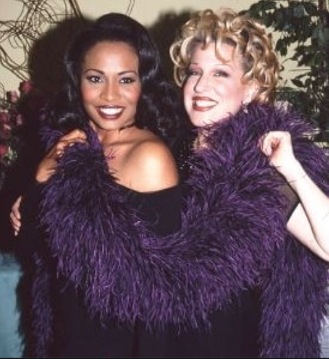 Two smiling women posing together in purple feather boas at a party or event.