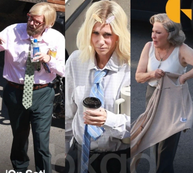 Collage of three people in business attire outdoors: left person with a pink shirt, green tie, and water bottle; middle person holding a coffee cup with a blue striped tie and hair clips; right person wearing a white sleeveless top and blanket draped over shoulders.