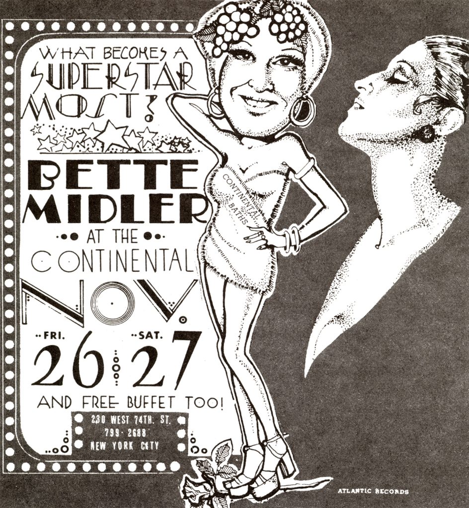 Vintage black-and-white ad poster promoting Bette Midler at the Continental, featuring a glamorous woman and a man looking on; dates Feb 26–27 and a free buffet.
