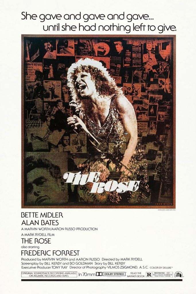 Poster for the film The Rose featuring Bette Midler singing on stage against a collage background, with the title 'The Rose' prominently displayed.