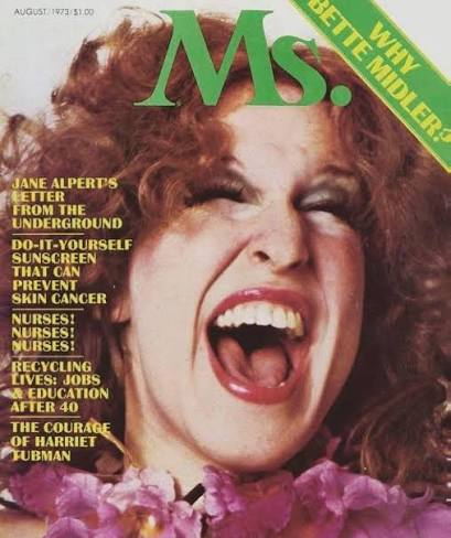 Close-up of a woman screaming on the Ms. magazine cover (August 1973) with a large green 'Ms.' logo at top-left.