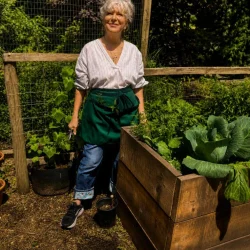 Older woman in a white striped blouse and green apron tending a raised wooden garden bed with leafy greens on a sunny day.
