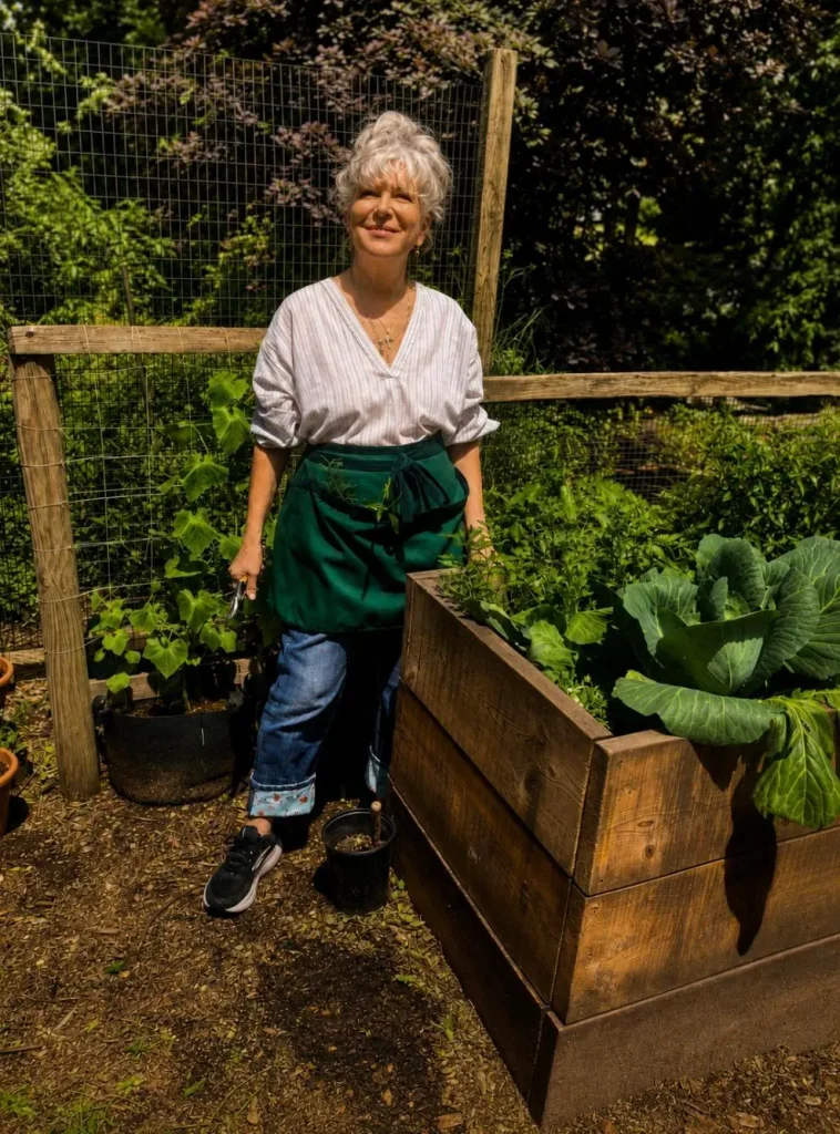 Older woman in a white striped blouse and green apron tending a raised wooden garden bed with leafy greens on a sunny day.
