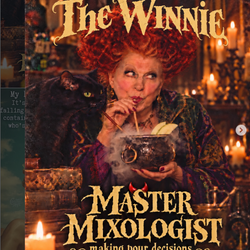 Poster featuring a red-haired witch with a black cat beside her, stirring a bubbling cauldron; bold text reads 'The Winnie' at top and 'Master Mixologist — making pour decisions' at the bottom.