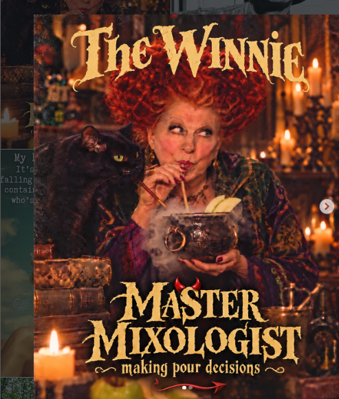 Poster featuring a red-haired witch with a black cat beside her, stirring a bubbling cauldron; bold text reads 'The Winnie' at top and 'Master Mixologist — making pour decisions' at the bottom.