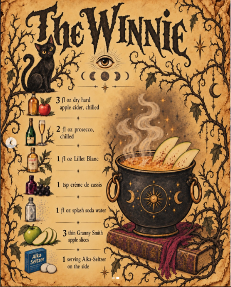 Poster for 'The Winnie' detailing a hot apple-pear cider drink, with a black cat, twisted branches, a steaming cauldron, and an ingredients list.