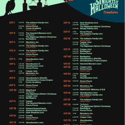 Poster-style schedule for 31 Nights of Halloween showing daily movie titles and air times across three columns for Freeform.