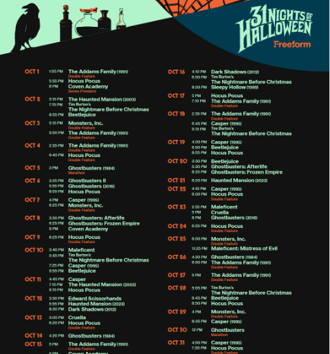 Poster-style schedule for 31 Nights of Halloween showing daily movie titles and air times across three columns for Freeform.