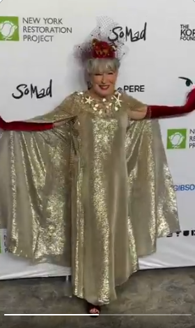 Person wearing a gold sequined cape and crown poses with arms outstretched on a step-and-repeat backdrop at a charity event.