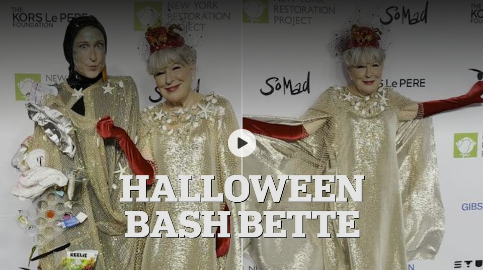Video thumbnail of performers in glittering gold capes at a Halloween Bash event, with text 'HALLOWEEN BASH BETTE' and a play button.