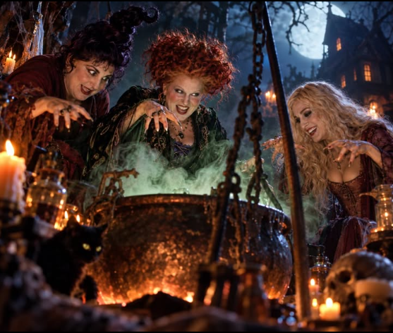 Three witches lean over a glowing bubbling cauldron, candles flickering in a dark, spooky setting.