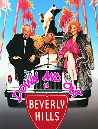 Three people pose on the hood of a white car with pink palm trees in the background; film title Down and Out in Beverly Hills appears on a red shield
