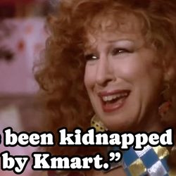 Laughing woman with a large caption reading 'I've been kidnapped by Kmart.'