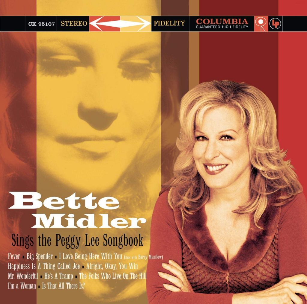 Album cover featuring Bette Midler smiling, with warm red-gold color blocks and a large portrait, text reads 'Bette Midler' and 'Sings the Peggy Lee Songbook'