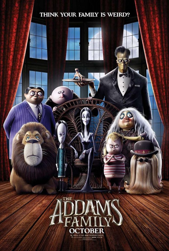 Movie poster for The Addams Family featuring the gothic family posing in a dramatic, dark room with red curtains at the sides at the top.