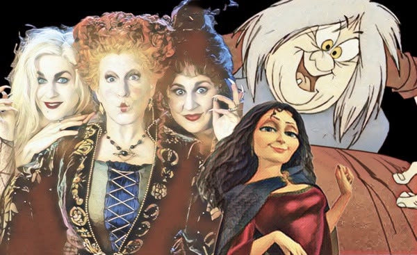 Collage showing the three Sanderson sisters from Hocus Pocus with a smiling woman in a burgundy top and a large cartoon witch in the background.