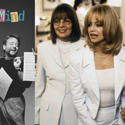 Split collage: left a retro poster reading 'Never Mind the Happy' with music sheets and 'Marc Shaiman' name; right a trio of women in white outfits chatting.